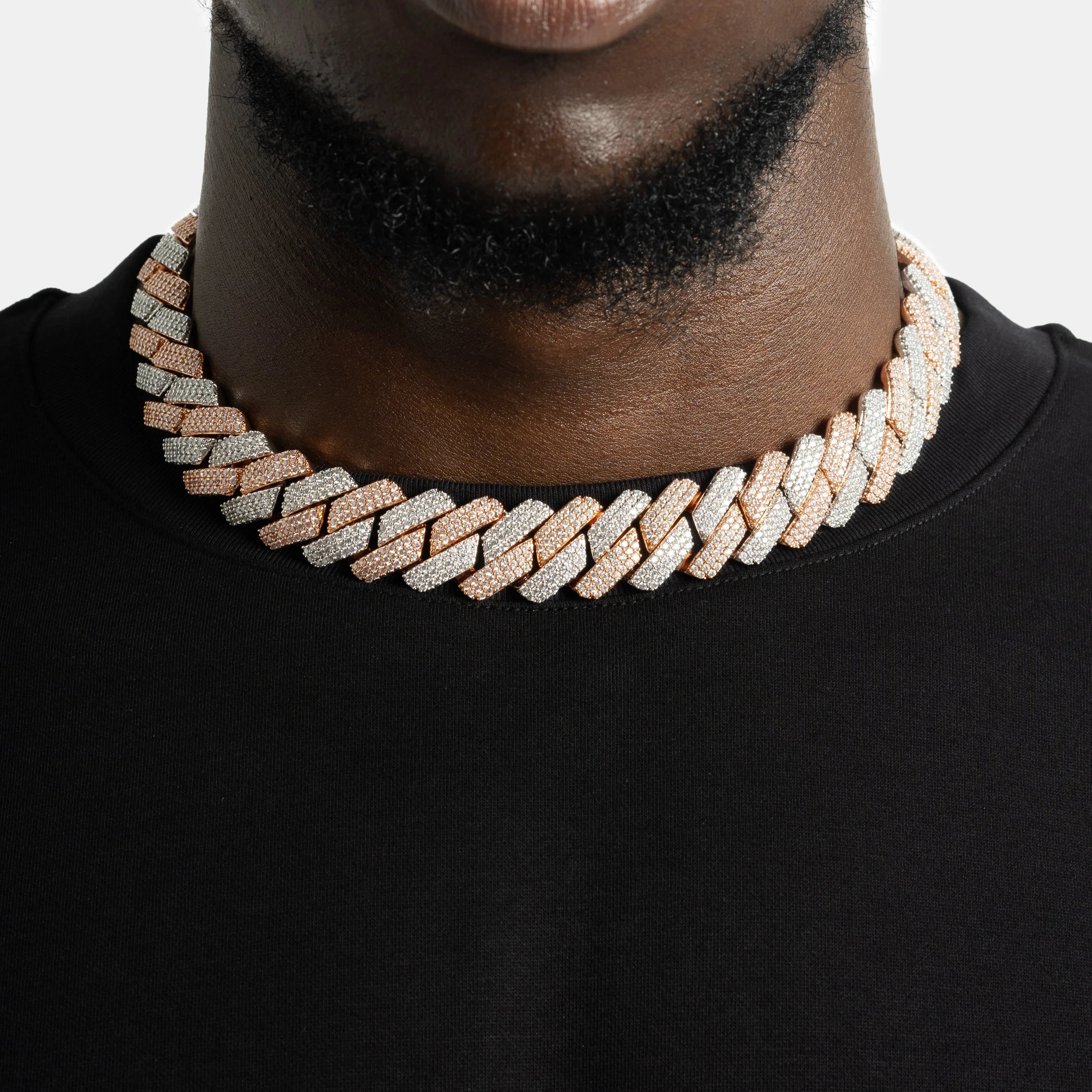 White & Rose Gold Two-Tone Moissanite Cuban Chain Necklace - 925 Sterling Silver