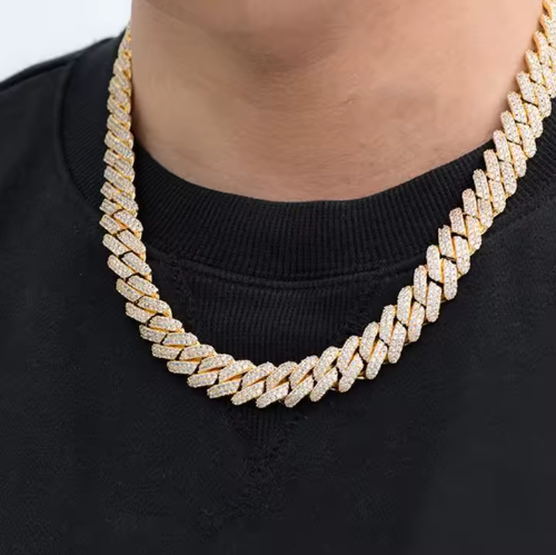 Yellow Gold Moissanite Cuban Chain Necklace - 925 Sterling Silver
