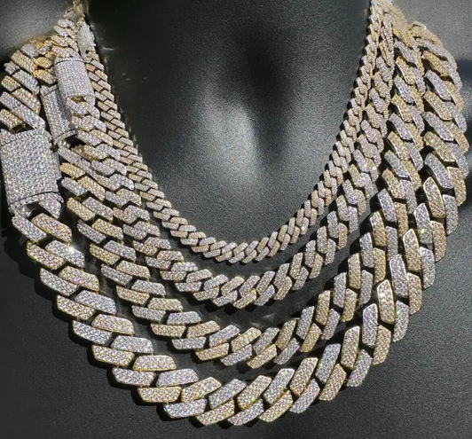White & Yellow Gold Two-Tone Moissanite Cuban Chain Necklace - 925 Sterling Silver