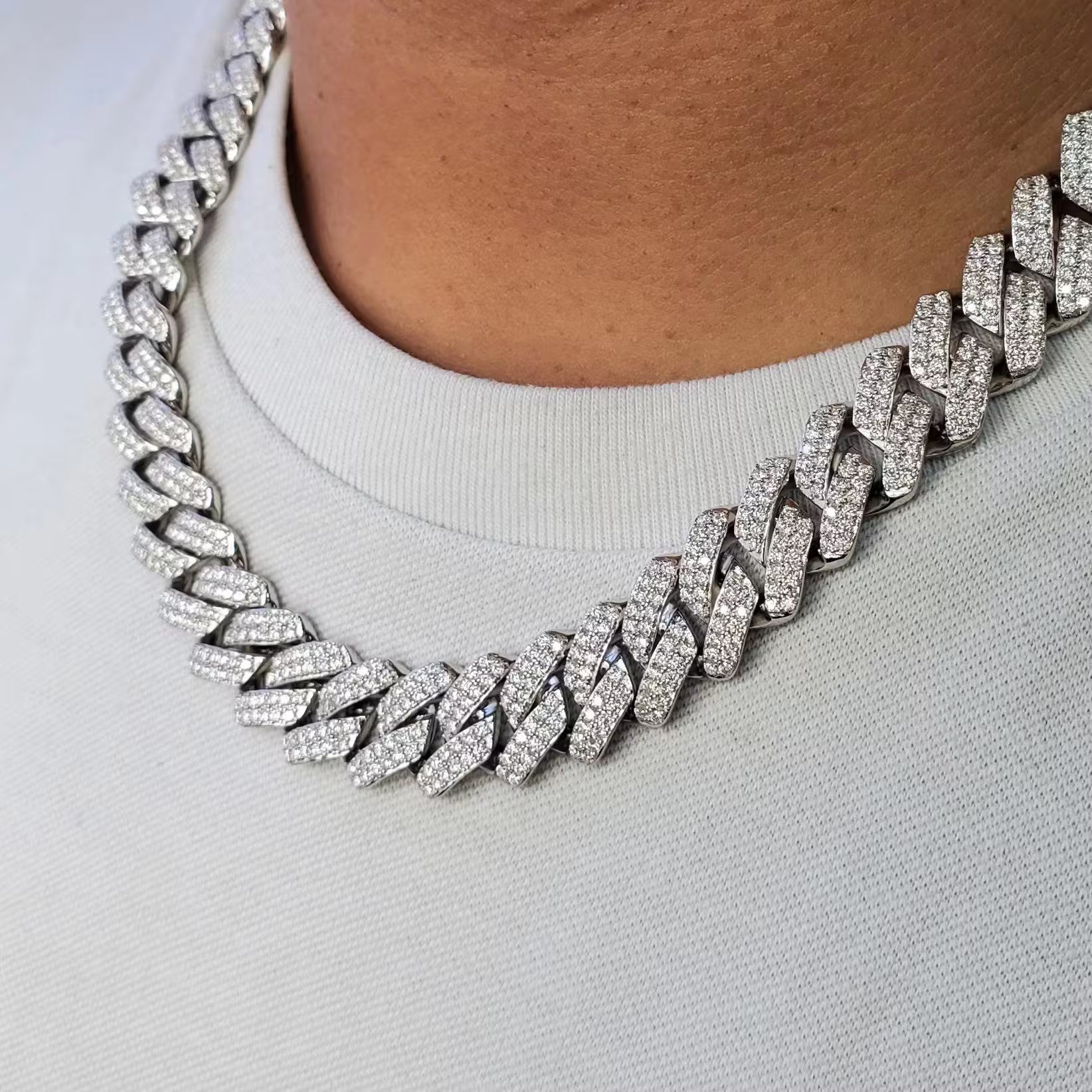 Silver Moissanite Cuban Chain Necklace - 925 Sterling Silver